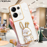 NORVIK เคสมือถือชุบโลหะหรูสีขาวพร้อมเชือกผูกกระต่ายนำโชค,สายคล้องสำหรับ OPPO Reno 10 8ตัน A98 A78 A58 A17 A17K 8 8Z 7 7Z A57 A77S A77ค้นหา X5 A96 A76 A16 6 6Z A74 A95 2F 2Z n1-2ฝาครอบปลอกอ่อน Pro Plus 4G 5G