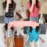 DD SHOPพร้อมส่ง 98083 เสื้อไหมพรมแขนสั้น ลายทางร้าน กระดุมด้านน่ารักสีสันสดใส