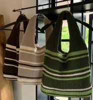 Handmade Stripe Mini Weave Tote Bag Reusable Woman Shopping Bags Handmade Handbag Handbag Knotted Wrist