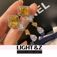 LIGHT &amp; Z ต่างหูชุบเงิน 925 สไตล์ฝรั่งเศสหญิงทรงสี่เหลี่ยม citrine light หรูหราเครื่องประดับ