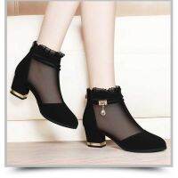 COD dsdgfhgfsdsss Raya 2022Fashion gauze women s high heels sweet boots thick heels short tube new black shoes breathable drill gauze shoe