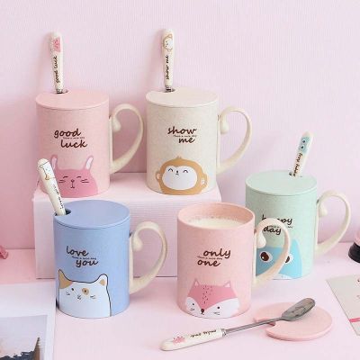 【High-end cups】ขายร้อน450มิลลิลิตรการ์ตูนข้าวสาลีสัตว์แก้วที่มีฝาปิดช้อนนมแก้วกาแฟสำหรับชานมถ้วยเดินทางความจุขนาดใหญ่เด็กถ้วยของขวัญที่ดี