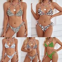 hotx 【cw】 Fluorescence Womens Swimsuit Leopard Snake Drawstring Side Piece Waisted Set