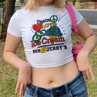 BEN &amp; Jerry วินเทจ90S เสื้อครอปสตรี MODE Korea โกธิคฮาราจูกุเสื้อยืดกราฟิก