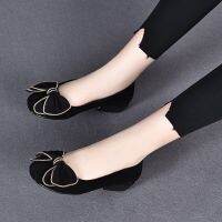 [COD] leather chunky heel shoes womens new summer shallow mouth flat all-match matte soft surface mid-heel