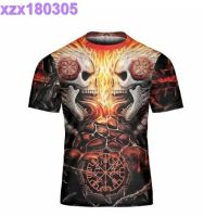 Skull Fire Viking T-Shirt 3D, Backbone Skull Viking Shirt for Men, AOP Viking Tee Gift for Viking Lovers
