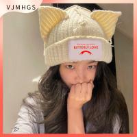 VJMHGS แฟชั่นสำหรับผู้หญิง แพทช์หูแมว ฤดูหนาวฤดูใบไม้ร่วงฤดูหนาว หมวกถักนิตติ้ง หมวกเย็นๆ หมวกขนสัตว์ขนสัตว์ ถักนิตติ้ง