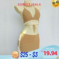 3Pcs Bikini Set Woman Crochet Shell Tassel Bikini Top And Seashell Ankle Chain Sexy Beach Skirt Lace See Through Slim Mini Skirt