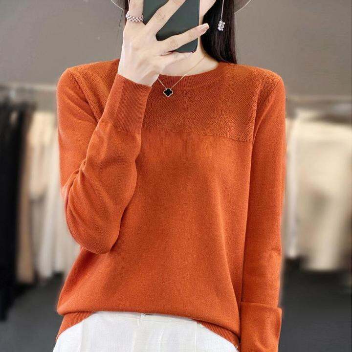 2023-autumn-new-womens-top-mercerized-cotton-sweater-womens-round-neck-hollow-long-sleeve-base-shirt-batch-generation-2023