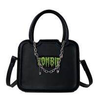 Zombie Punk Designer ไหล่ Crossbody กระเป๋าใส่เอกสารผู้หญิงมีโซ่ของเด็กผู้หญิงสีดำ PU กระเป๋า