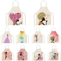 1Pcs Flower Butterfly Girl Printed Kitchen Aprons for Women Home Cooking Baking Waist Bib Cotton Linen Pinafore WQTF09 Aprons