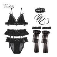 Varsbaby new sexy deep V Ruffles 6pcs bras+garters+panties+choker collar+bridal garters+stockings bra set