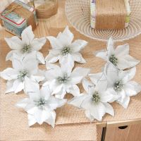 【LZ】⊙▽☞  Glitter Poinsétia Flores para o Natal Flores Artificiais Coroa Enfeites De Árvore Prata Decorativas 24pcs