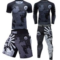 Rashguard MMA เสื้อยืด + กางเกงมวยไทยชุดกีฬากางเกงขาสั้น Bjj Jiu Jitsu ชุดเสื้อผ้าฝึกซ้อมมวย