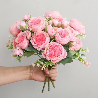 Hot Selling 1pcs/30cm Rose Pink Silk Bouquet Peony Artificial Flower 5 Big Head 4 Small Bud Bride Wedding Home Decoration Artifi Spine Supporters