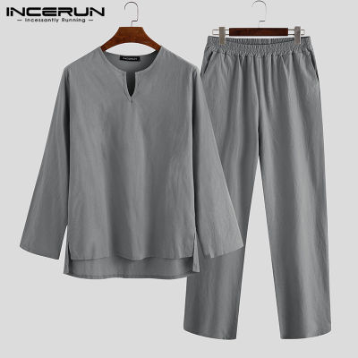 TOP☆Medussa INCERUN แขนยาวสำหรับผู้ชายผ้าฝ้าย100% ชุดนอนทรงหลวมชุดชุดนอน PJ เซ็ตเสื้อผ้าใส่สบาย