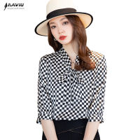 Black White Plaid Fashion Shirt Women New High End Temperament Design Satin Half Sleeve Blouses Office Ladies Work Tops