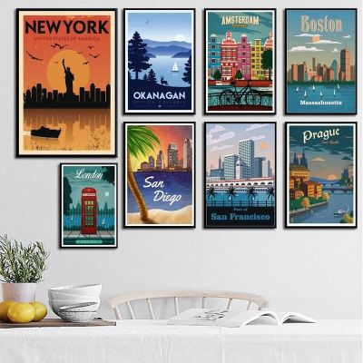 Travel Cities Landscape Canvas Painting,เนื้อเรื่องนิวยอร์ก,เนเธอร์แลนด์,มอสโก,ลอนดอน,โปสเตอร์และภาพพิมพ์สไตล์วินเทจ,ภาพผนังศิลปะ,ตกแต่งบ้านที่สมบูรณ์แบบ