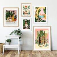 ❦♟﹍ บทคัดย่อพืชเขตร้อน Leaf ผู้หญิงเสือดาวแมว Jungle Wall Art พิมพ์ Boho โปสเตอร์ภาพวาดผ้าใบสำหรับตกแต่งห้องนั่งเล่น