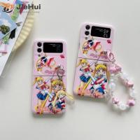 JieHui เหมาะสำหรับ Samsung Z Flip4/Z Flip3สาวสวย + จี้โซ่เรียบ IMD แฟชั่นเคสโทรศัพท์