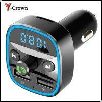 Y-Crown เครื่องส่งสัญญาณ FM บลูทูธสำหรับรถยนต์ชุดอะแดปเตอร์เต้ารับรถยนต์วิทยุไร้สายแหวนไฟแวดล้อมสีฟ้าพร้อมระบบแฮนด์ฟรี/ที่ชาร์จ USB คู่5V/2.4A และ1A/รองรับการ์ด SD/ดิสก์ USB