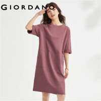 GIORDANO Women Dresses Big Pockets Solid Color Simple Terry Dresses Short Sleeve Crewneck Cotton Summer Casual Dresses 05463476