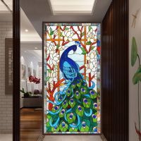 Peacock Stained Privacy Window Film Vinyl No Glue Static Cling Frosted Glass Sticker