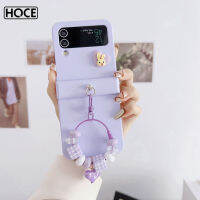 HOCE Love Heart โซ่มือเคสโทรศัพท์ป้องกันทุกส่วนของเครื่องสำหรับ Samsung Galaxy Z Flip 3 4 Zflip4 5G ผิวสัมผัสการ์ตูนสีลูกอมกระต่ายเคสหลัง PC แบบแข็ง