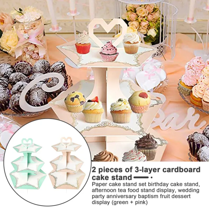 2 Pack 3 Tier Cardboard Cake Stand Paper Cake Stand Set Cupcake Stands For Birthday Food Stand Display For Afternoon Tea Wedding Party Anniversary Christening Fruit Desserts Display Green Pink Lazada Ph