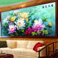 QIANZEHUI,Needlework,DIY Peony full embroidery Cross stitch,fortune landscape full embroidery Cross-stitch,Wall Home Decros