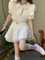 White 2 Piece Sets Women Summer Puff Sleeve er Pan Collar T-shirt Elastic Waist A-Line Skirt Kawaii Girls Sweet Outfits