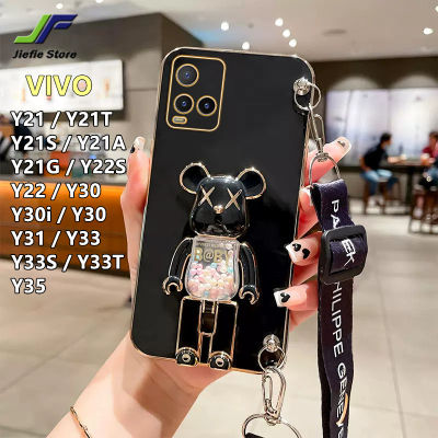 JieFie สำหรับ VIVO Y21 / Y21T / Y21S / Y21A / Y21G / Y22S / Y22 / Y30 / Y30i / Y30 / Y31 / Y33 / Y33S / Y33T / Y35 4G 5G ของเล่นหมีเคสโทรศัพท์โครเมี่ยมสุดหรู-ฝาครอบโทรศัพท์ TPU แบบน่มชุบ + ขาตั้งและสายคล้อง