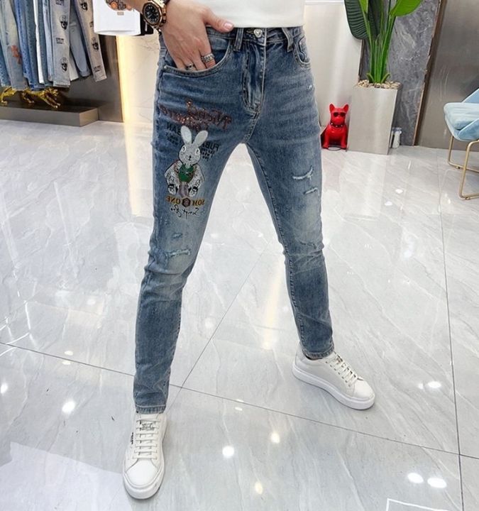 cul-a-jeans-de-luxo-coreana-masculina-com-furos-skinny-stretch-lavada-cal-a-longado-coelho-estampada-mavera-ver-o