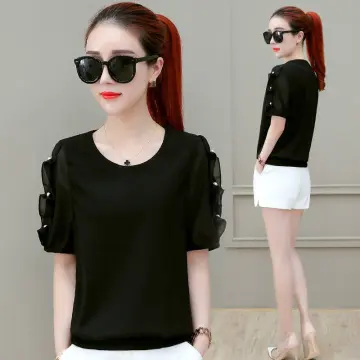 Black Chiffon Fitted Shirt, Tops