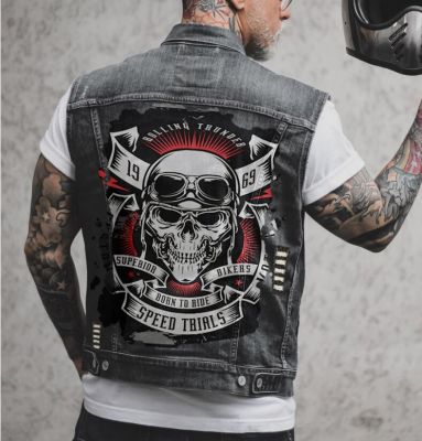 Mens Skull พิมพ์รถจักรยานยนต์ Biker Denim เสื้อกั๊ก Ripped Cotton Sleevless Jean Jacket Coat Punk Rock Top Waistcoat