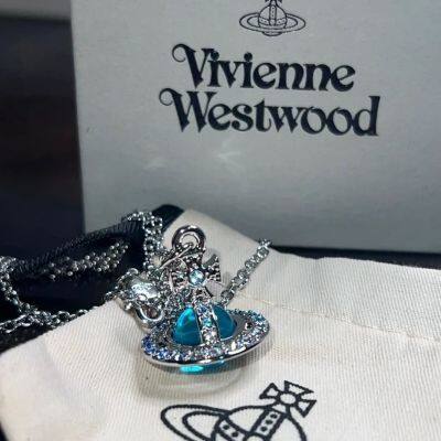 Vivienne Westwood ซีรีส์สามมิติ Saturn ORB สร้อยคอ Rhinestone สีน้ำเงินลาด XL-29สูง