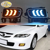 SNCN ไฟหน้ารถ2ชิ้น12V สำหรับ Mazda 6 2005 2006 2007เดย์ไลท์แบบไดนามิกสัญญาณไฟเลี้ยวสีเหลืองไฟตัดหมอก BlueCar DRL ตอนกลางคืน