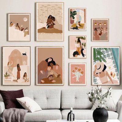 ☽ Boho ผู้หญิง Empowerment Wall Art ภาพวาดผ้าใบหญิงโปสเตอร์และพิมพ์แมวดำกับสาวภาพผนังสำหรับตกแต่งห้องนั่งเล่น