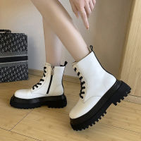 New White Soft PU Leather Ankle Boots Womens Thick-soled Motorcycle Womens Autumn and Winter Shoes Womens Gothic Ankle Boots