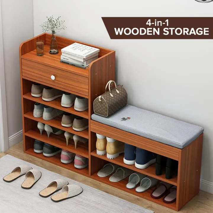 4 In 1 Wooden Shoe Storage Shelf Rack, Wooden Shoe Rack Organizer