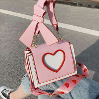 【 Cw】heart Hollow Out Crossbody Bag Women PU Leather Shoulder Bag Small Square Bag Lady Handbag Wide Shoulder Strap Messenger Bag