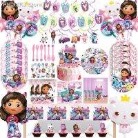 New Gabby Dollhouse Cats Birthday Party Decorations Disposable Tableware Cups Balloons Backdrop Baby Shower Girls Party Supplies