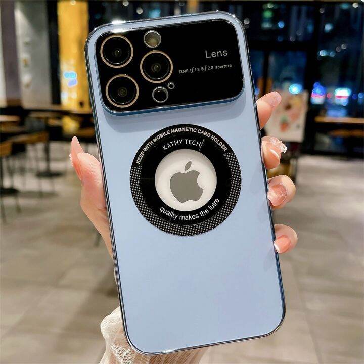 hoce-เคสโทรศัพท์เจาะรูโลโก้-magsafe-สำหรับ-iphone-14-13-12-pro-max-14-plus-ag-กระจกเคลือบกล้องแม่เหล็กป้องกันชุบฝาแข็ง