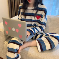 Flannel Long Sleeved Pajamas and Trousers Set Autumn and Winter 2021 New Thickened Striped Embroidery Casual Home Clothes