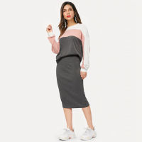 New Summer Women’s Two Pieces Long-sleeved Sweatshirt Grey Patchwork Stretch Knit Sweater High Elastic Skirt Casual Sports Suits