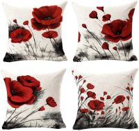 Charming Watercolor Oil Ink Painting Red Poppy Flower Cotton Linen Throw Pillow Case  Cover Decorative for Sofa Square 18 Inch Cushion Cover