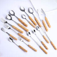 Wooden Handle Spoon Sets Stainless Steel Table Set Eco-Friendly Tableware Tea Dessert Spoon Stir Spoon Ice Cream Scoops