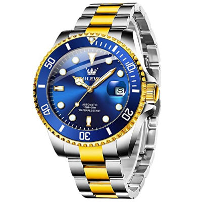OLEVS Mens Automatic Self-Wind Watch, Big Face Luxury Diver Style Stainless Steel Wrist Watch with Date, Two Tone Rotatable Bezel Waterproof Casual Men Watch, Blue/Black/Green Blue Dial Silver/Gold Tone Band