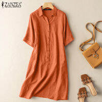 ZANZEA ผู้หญิง Lapel Collar Button Up Sundress Holiday Beach Casual Long Midi Shirt Dress #2