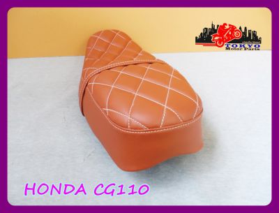HONDA CG110 DOUBLE SEAT COMPLET "BROWN" with "WHITE" STITCHING "DIAMOND"" PATTERN // เบาะรถมอเตอร์ไซค์  สีน้ำตาล ลายข้าวหลามตัด สินค้าคุณภาพดี